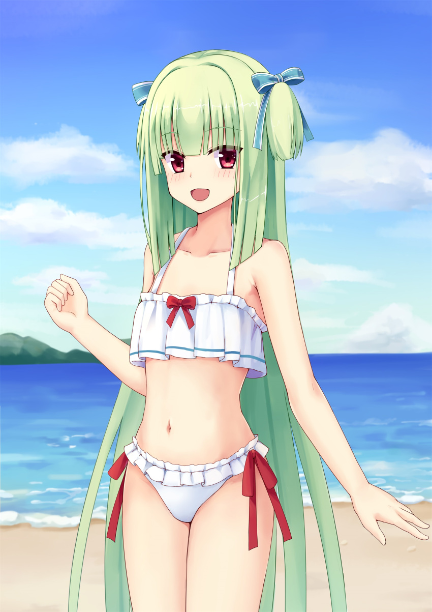 1girl :d absurdres arm_at_side armpit_crease bare_arms beach bikini blue_ribbon blue_sky blunt_bangs blunt_ends blush breasts chinese_commentary collarbone commentary_request cowboy_shot day eyes_visible_through_hair green_hair hair_ribbon hand_up happy highres hime_cut long_hair looking_at_viewer murasame_(senren) navel ocean open_mouth outdoors red_eyes red_ribbon ribbon senren_banka shu_pian sidelocks sky small_breasts smile solo stomach straight_hair swimsuit tsurime two_side_up very_long_hair white_bikini