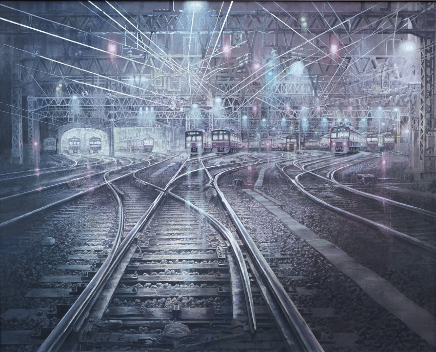 absurdres ballast dark highres light night night_sky no_humans original painting_(medium) railroad_tracks scenery shadow sky spotlight tanamachi_yoshihiro traditional_media train