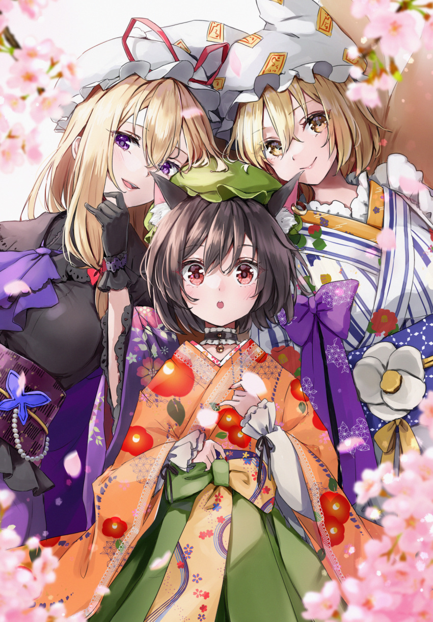 3girls alternate_costume animal_ear_fluff animal_ear_piercing animal_ears animal_hat bell black_choker black_gloves blonde_hair blurry blush bow brown_hair cat_ears chen choker closed_mouth clothing_request commentary_request depth_of_field earrings falling_petals floral_print floral_print_kimono flower fox_ears fox_tail frilled_choker frills gloves green_hat hair_bow hat highres japanese_clothes jewelry kimono layered_sleeves leaning_to_the_side long_hair long_sleeves looking_at_viewer mob_cap multiple_girls multiple_tails neck_bell obi open_mouth petals pink_flower pink_petals print_kimono purple_eyes red_bow red_eyes red_ribbon ribbon sash shironeko_yuuki short_hair single_earring smile tail touhou white_hat wide_sleeves yakumo_ran yakumo_yukari yellow_eyes