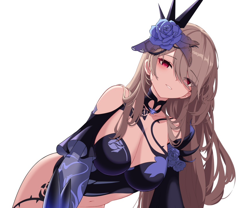 1girl absurdres bails bare_shoulders blue_flower blue_rose breasts brown_hair choker cleavage commentary_request floral_print flower hair_ornament hair_over_one_eye highres honkai_(series) honkai_impact_3rd long_hair looking_at_viewer mole mole_under_eye official_alternate_costume red_eyes rita_rossweisse rita_rossweisse_(fallen_rosemary) rose simple_background smile solo very_long_hair white_background