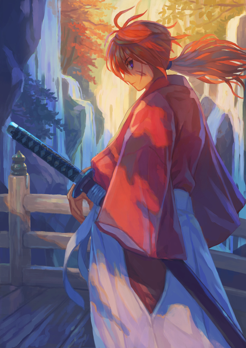 1boy absurdres bridge closed_mouth commentary_request cross_scar from_side hakama hakama_pants highres himura_kenshin japanese_clothes katana kimono leaf long_hair long_sleeves looking_at_viewer low_ponytail maple_leaf naritate_zombie outdoors pants profile purple_eyes red_hair red_kimono rurouni_kenshin scar scar_on_cheek scar_on_face sheath sheathed solo sword weapon white_hakama wide_sleeves