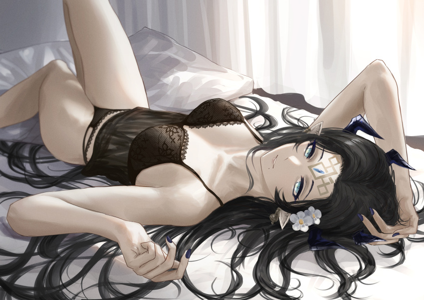 1girl arknights black_bra black_hair black_panties blue_eyes blue_nails bra breasts flower forehead_jewel gino_(gino_h) hair_flower hair_ornament hair_spread_out highres horns lingerie long_hair lying mole mole_under_mouth nail_polish on_back on_bed panties pointy_ears underwear valarqvin_(arknights)