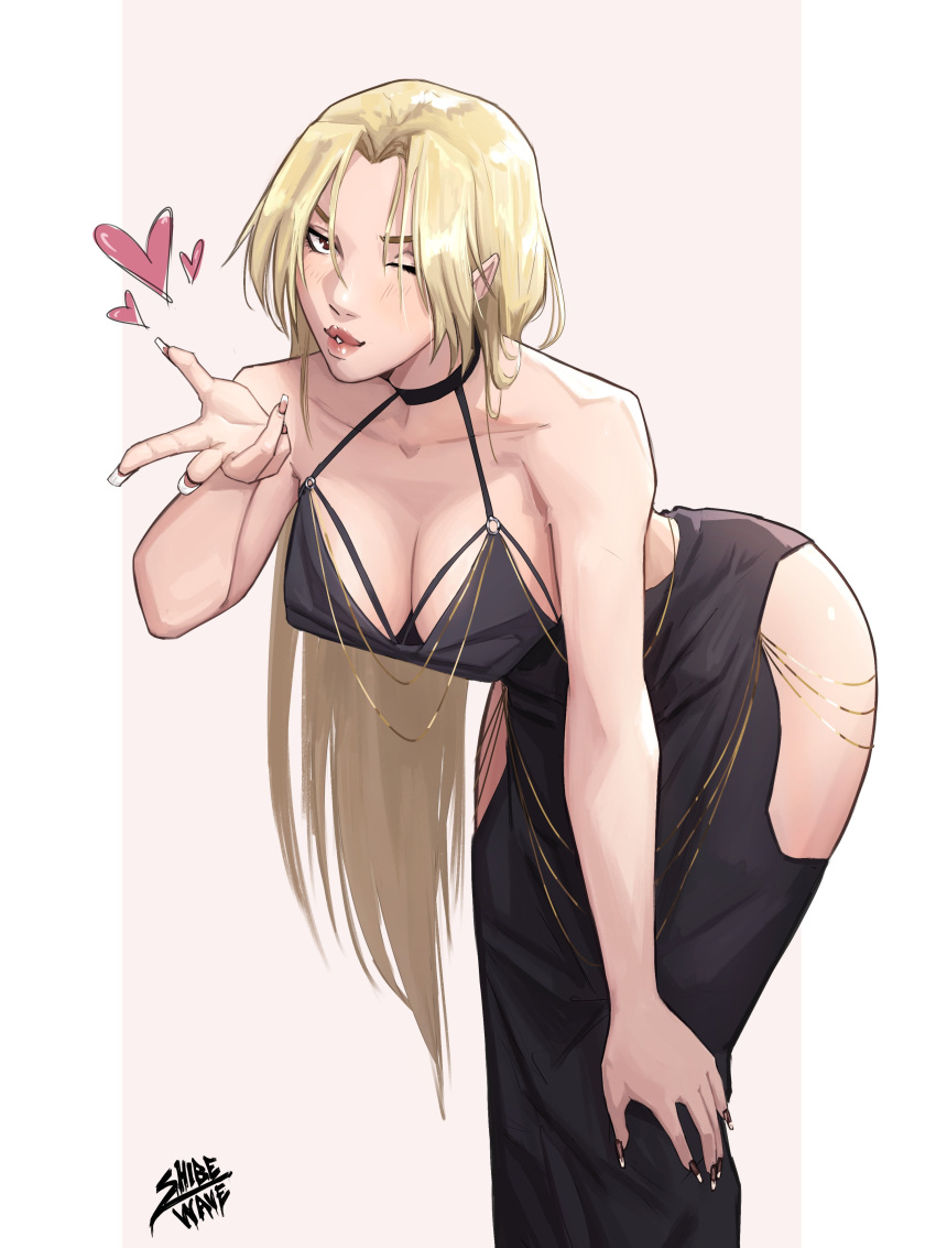 1girl absurdres artist_name backless_dress backless_outfit black_dress blonde_hair blowing_kiss blush breasts cleavage dress feet_out_of_frame french_tips hand_on_own_knee hand_up hanging_breasts heart highres hip_vent jujutsu_kaisen large_breasts leaning_forward lips long_dress long_hair looking_at_viewer no_bra one_eye_closed parted_lips pink_nails shibewave simple_background solo straight_hair tsukumo_yuki_(jujutsu_kaisen) white_background