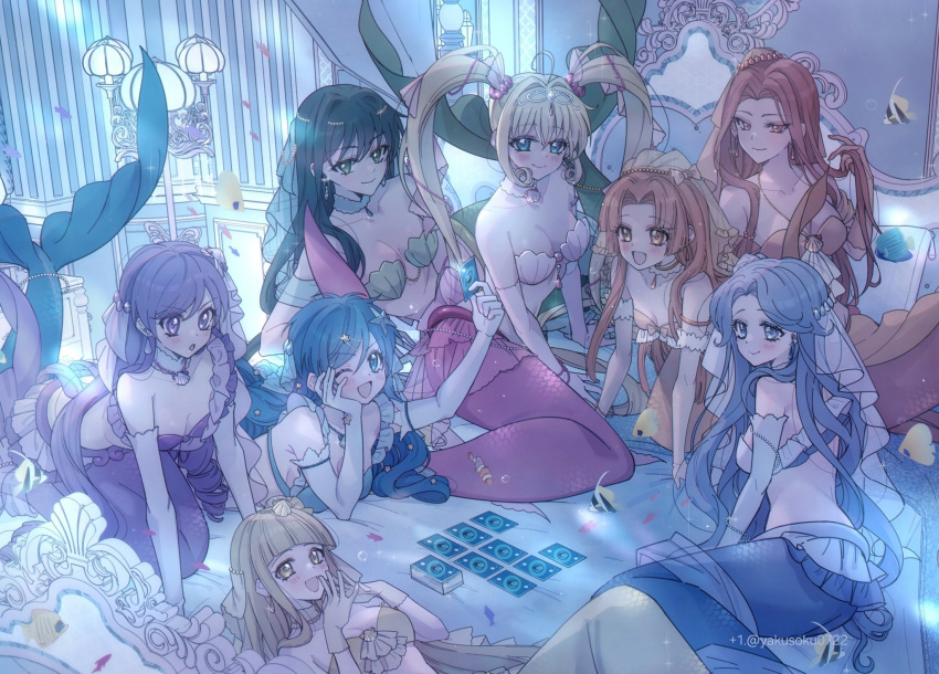 +1_(yakusoku0722) 6+girls bed blonde_hair blue_hair breasts card caren_(mermaid_melody_pichi_pichi_pitch) cleavage coco_(mermaid_melody_pichi_pichi_pitch) earrings fins highres houshou_hanon houshou_hanon_(mermaid) jewelry looking_at_viewer lying mermaid mermaid_melody_pichi_pichi_pitch monster_girl multiple_girls nanami_lucia necklace noel_(mermaid_melody_pichi_pichi_pitch) orange_hair purple_hair sara_(mermaid_melody_pichi_pichi_pitch) seira_(mermaid_melody_pichi_pichi_pitch) shell shell_bikini shell_necklace touin_rina touin_rina_(mermaid) twitter_username underwater underwear