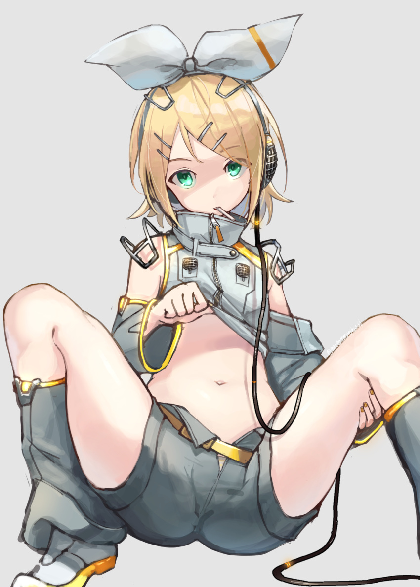 1girl bare_shoulders belt blonde_hair bow detached_sleeves flat_chest green_eyes grey_jacket grey_leg_warmers grey_shirt hair_bow hair_ornament hairclip head_tilt headphones headset high_collar highres jacket kagamine_rin lifted_by_self mouth_hold mutomorokoshi navel neon_trim shirt shoes short_hair shorts sitting sneakers solo spread_legs vocaloid white_footwear yellow_belt yellow_nails zipper zipper_pull_tab