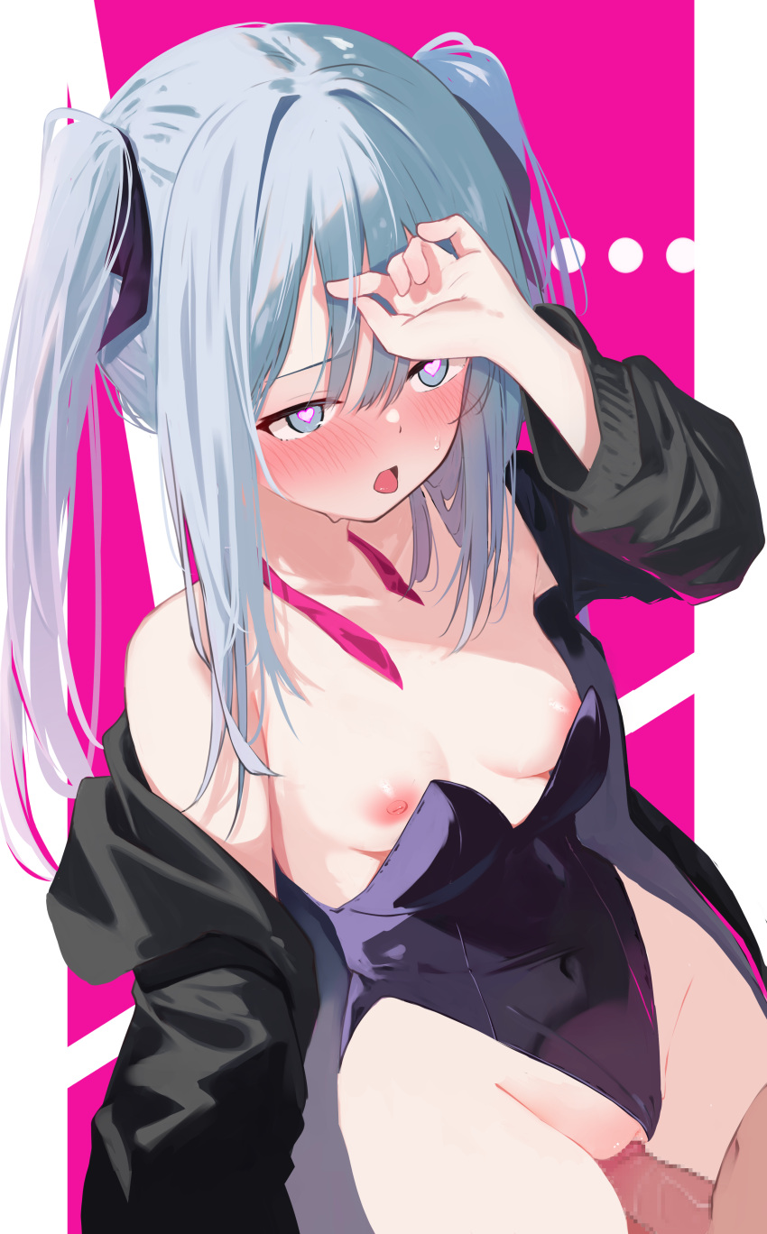 ... 1boy 1girl absurdres aqua_hair bare_shoulders black_jacket black_leotard blue_eyes blush breasts cleavage covered_navel hatsune_miku hetero highres jacket large_breasts leotard long_sleeves looking_to_the_side memekko nipples open_mouth pantyhose penis pink_background playboy_bunny rabbit_hole_(vocaloid) solo_focus sweat tongue tongue_out twintails two-tone_background vocaloid