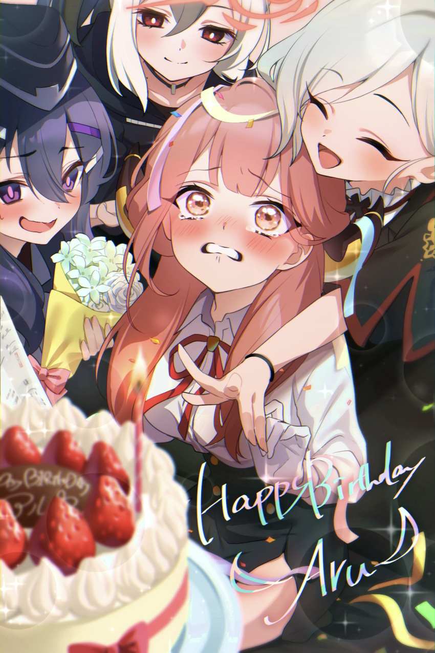 4girls :d ^_^ aru_(blue_archive) birthday_cake black_choker black_hair black_jacket black_skirt blue_archive blunt_bangs blurry blush bouquet cake character_name choker closed_eyes collarbone collared_shirt commentary_request confetti crying crying_with_eyes_open demon_girl demon_horns depth_of_field english_text flower food garrison_cap gloves hair_between_eyes hair_ornament hairclip halo happy_birthday happy_tears haruka_(blue_archive) hat head_tilt high-waist_skirt highres holding holding_bouquet hood hooded_jacket horns hug hug_from_behind jacket kayoko_(blue_archive) long_hair long_sleeves looking_at_another meruto0924 military_uniform multicolored_hair multiple_girls mutsuki_(blue_archive) pointy_ears ponytail problem_solver_68_(blue_archive) purple_eyes purple_hair red_eyes red_hair rose school_uniform shirt short_hair short_hair_with_long_locks short_sleeves side_ponytail sidelocks skirt smile strawberry_cake tears two-tone_hair uniform white_flower white_gloves white_hair white_rose white_shirt