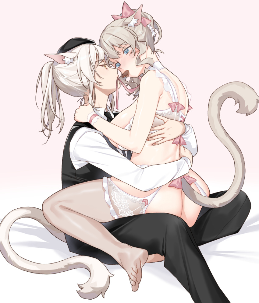 2girls animal_ear_fluff animal_ears barefoot black_hat black_pants blue_eyes bow bra breasts brown_hair candy cat_ears cat_girl cat_tail chocolate commentary deathalice eye_contact final_fantasy final_fantasy_xiv food grey_bra grey_thighhighs hair_bow hat heart heart-shaped_chocolate highres large_breasts long_sleeves looking_at_another miqo'te mouth_hold multiple_girls pants pink_background pink_bow ponytail shirt short_hair simple_background suit symbol-only_commentary tail thighhighs toes underwear underwear_only white_shirt white_sleeves yuri