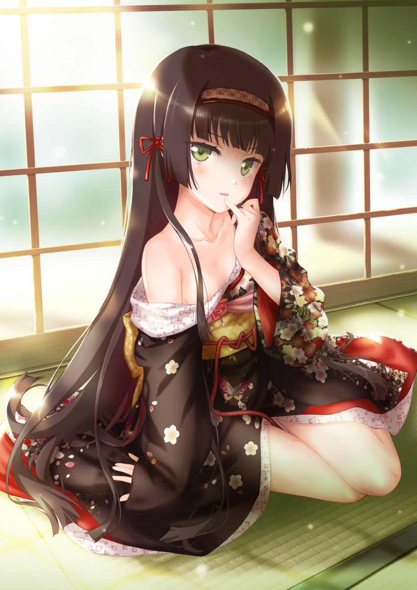 1girl bare_shoulders bishoujo_mangekyou black_hair black_kimono blush breasts collarbone commentary_request floral_print green_eyes hairband highres hime_cut indoors japanese_clothes kimono light_smile long_hair looking_at_viewer off_shoulder parted_lips print_kimono renge_(bishoujo_mangekyou) second-party_source shida_kazuhiro shouji sitting sliding_doors small_breasts solo sunlight tatami very_long_hair