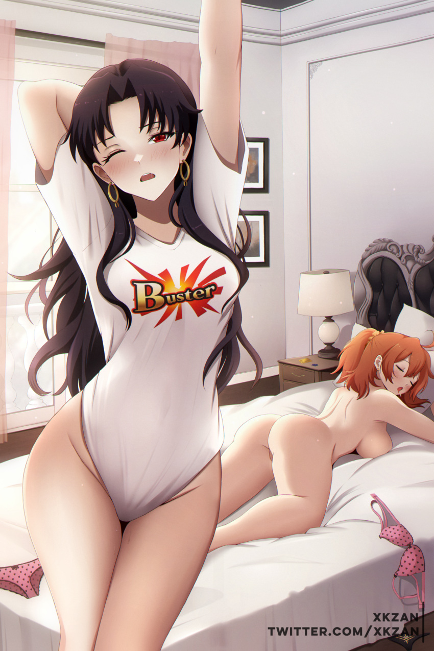 2girls arm_behind_head arm_up ass black_hair bra breasts buster_shirt commentary_request completely_nude desk_lamp fate/grand_order fate_(series) fujimaru_ritsuka_(female) highres indoors ishtar_(fate) lamp large_breasts long_hair looking_at_viewer lying multiple_girls naked_shirt nude on_bed on_stomach one_eye_closed open_mouth paid_reward_available panties pink_bra pink_panties red_eyes shirt sideboob sleeping small_breasts standing stretching twitter_username underwear unworn_bra unworn_panties waking_up xkzan yuri