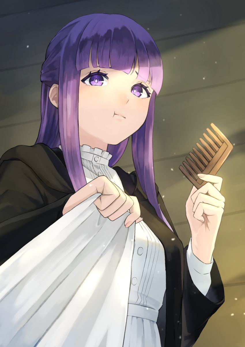 1girl absurdres black_robe blunt_bangs blush collar comb dress fern_(sousou_no_frieren) frilled_collar frills hands_up highres holding holding_comb indoors lips long_hair long_sleeves looking_at_viewer pout purple_eyes purple_hair robe sidelocks simple_background solo sousou_no_frieren upper_body user_akwv8834 white_background white_dress