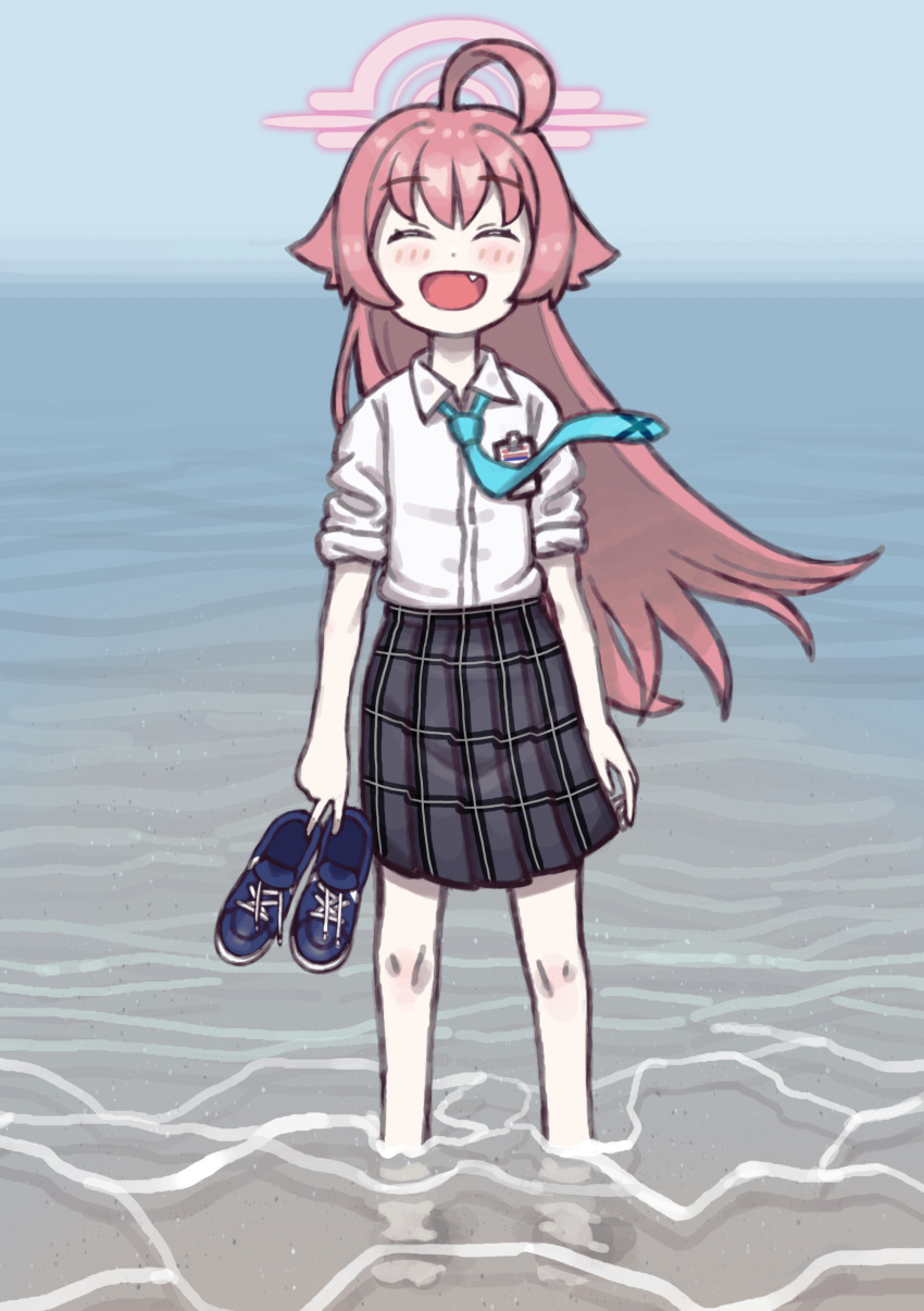 1girl absurdres ahoge barefoot beach blue_archive blue_sky blush closed_eyes fang halo highres holding holding_shoes horizon hoshino_(blue_archive) huge_ahoge legs long_hair long_sleeves looking_at_viewer necktie ocean open_mouth outdoors partially_submerged pink_hair pink_halo shirt shoes skirt sky sleepywoodmac sleeves_rolled_up smile soaking_feet solo unworn_shoes very_long_hair water white_shirt