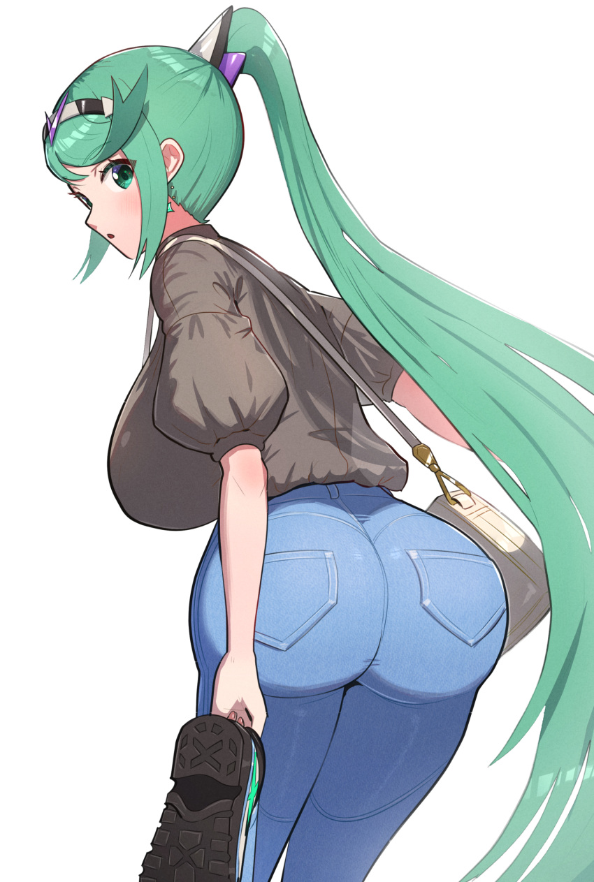 1girl ass bag black_shirt breasts denim earrings from_behind gonzarez green_eyes green_hair highres huge_ass huge_breasts jeans jewelry large_breasts long_hair looking_at_viewer looking_back nintendo pants pneuma_(xenoblade) ponytail shirt shoes silver_tiara simple_background solo very_long_hair xenoblade_chronicles_(series) xenoblade_chronicles_2