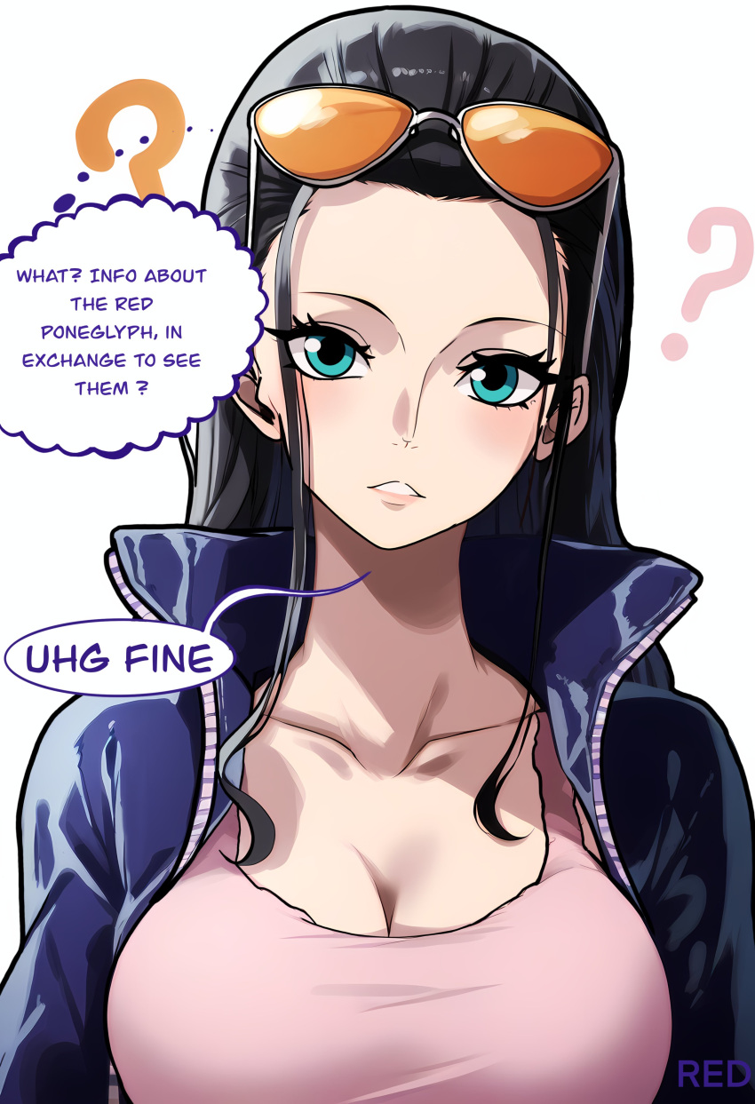 1girl ? absurdres ai-assisted aqua_eyes black_hair blue_eyes blue_jacket breasts eyewear_on_head highres jacket large_breasts long_hair looking_at_viewer loose_hair_strand nico_robin one_piece pink_tank_top pov redpostit simple_background speech_bubble tank_top thought_bubble upper_body white_background zipper