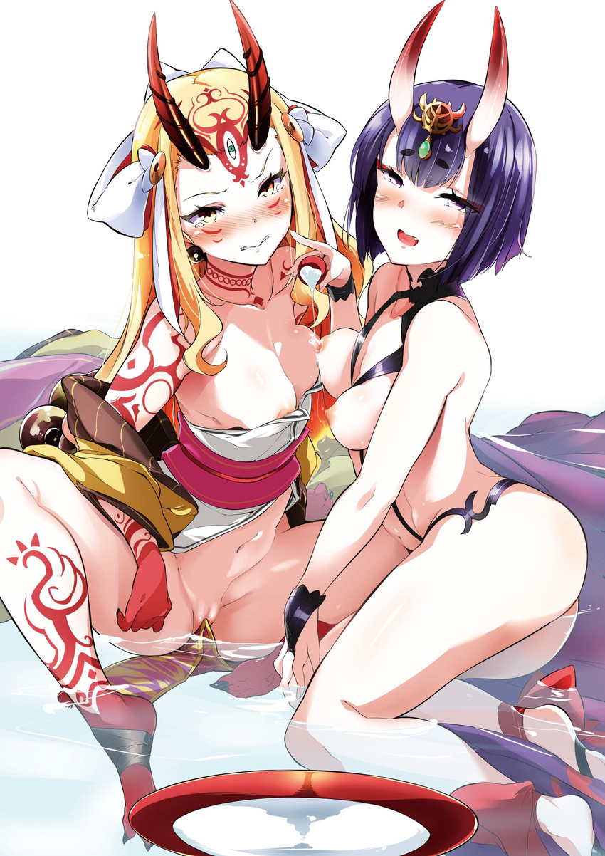 alcohol ass bare_legs bare_shoulders blonde_hair blush breasts collarbone cup fang fate/grand_order fate_(series) hair_ornament highres horns ibaraki_douji_(fate/grand_order) in_water japanese_clothes kimono kuro_(jyupiter) looking_at_viewer medium_breasts multiple_girls navel nipples oni oni_horns purple_eyes purple_hair pussy sakazuki sake shuten_douji_(fate/grand_order) simple_background sitting smile spread_legs tattoo tears water wavy_mouth white_background yellow_eyes