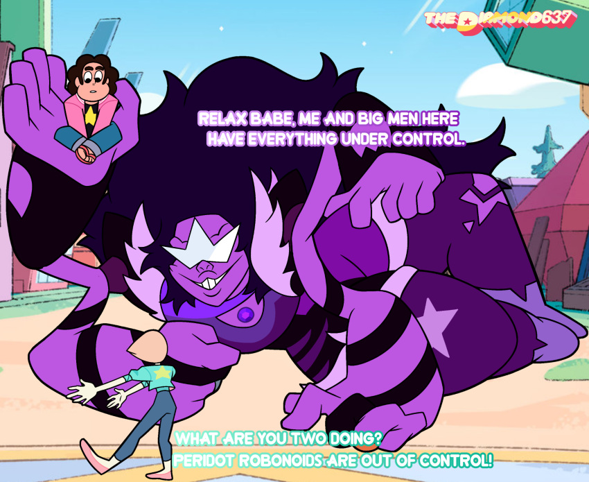 4_arms alien alien_humanoid cartoon_network clothing detailed_background dialogue eyebrows eyewear female footwear gem gem_(species) gem_fusion group hi_res human humanoid lying macro male mammal multi_arm multi_limb on_model pearl_(gem_species) pearl_(steven_universe) purple_body shoes sitting smile steven_quartz_universe steven_universe sugilite_(gem) sugilite_(steven_universe) sunglasses thediamond637 toony trio