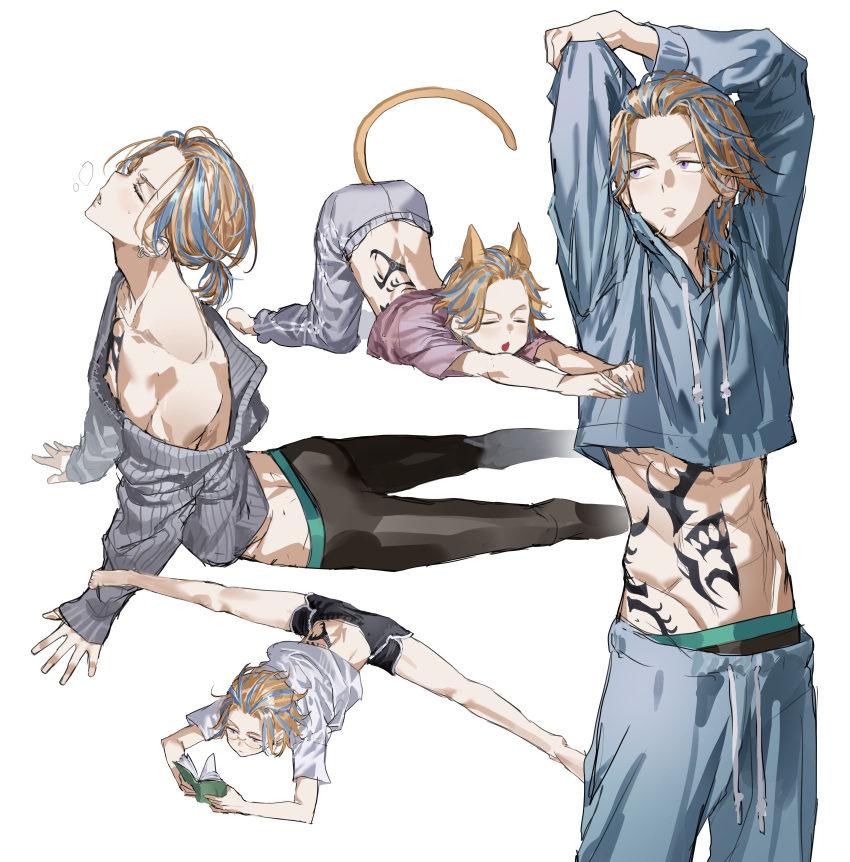 1boy absurdres animal_ears arms_up back_tattoo bangs_pinned_back black_pants blonde_hair blue_hoodie blue_pants book cat_ears cat_tail chamuring chest_tattoo cropped_hoodie dolphin_shorts from_above from_side full_body grey_pants grey_sweater haitani_rindou hands_on_floor highres holding holding_book hood hoodie leaning_forward long_sleeves lying male_focus medium_hair multicolored_hair multiple_views on_stomach pants parted_lips purple_eyes shirt short_ponytail short_sleeves shorts simple_background single_bare_shoulder solo spread_legs stomach_tattoo streaked_hair stretching sweater sweatpants tail tattoo tokyo_revengers top-down_bottom-up upper_body white_shirt