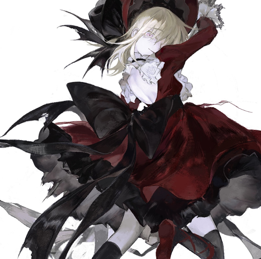 1girl arm_up back_bow backless_outfit bare_back black_bow black_thighhighs blonde_hair bow choker dress frilled_choker frills hat highres large_bow looking_at_viewer medium_hair original pink_eyes raivarune red_dress simple_background smile solo thighhighs white_background