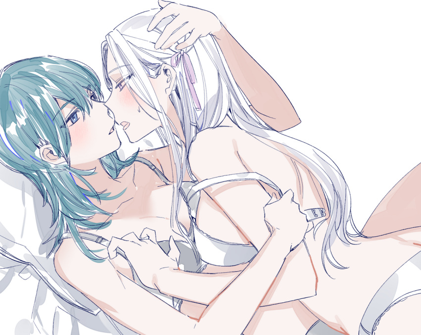 2girls bare_shoulders bed blue_eyes blush bra bra_slip breasts byleth_(female)_(fire_emblem) byleth_(fire_emblem) cleavage commentary_request edelgard_von_hresvelg fire_emblem fire_emblem:_three_houses fresa_pie girl_on_top green_hair grey_bra grey_panties hair_between_eyes hair_ribbon large_breasts looking_at_another lying multiple_girls on_back open_mouth panties pillow purple_eyes ribbon sideboob sweatdrop underwear white_hair yuri