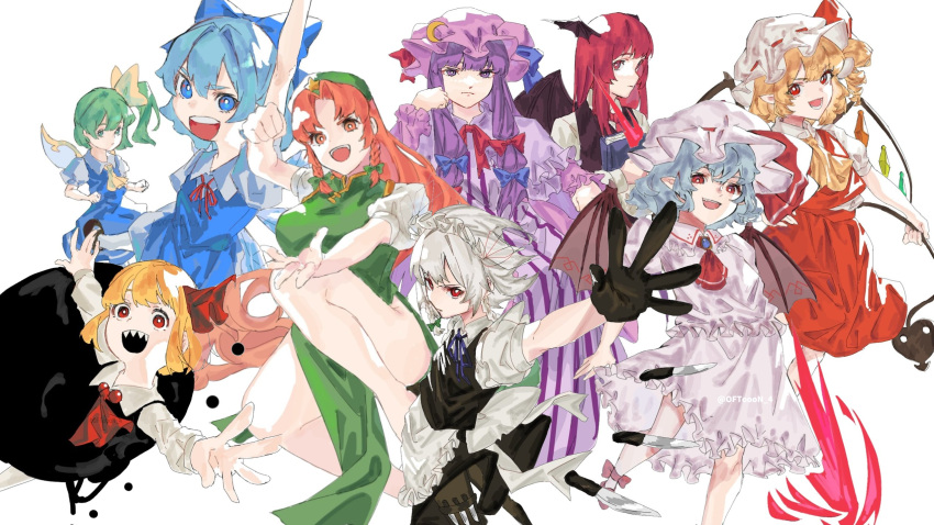 6+girls :d apron arm_up ascot bare_legs bat_wings black_gloves black_skirt black_vest blonde_hair blue_bow blue_eyes blue_hair bow braid breasts bright_pupils china_dress chinese_clothes cirno clenched_hand closed_mouth collared_shirt crescent crescent_hat_ornament daiyousei demon_wings dress everyone flandre_scarlet foreshortening frilled_hat frills gloves green_dress green_hair hair_bow hat hat_ornament highres holding_own_tail hong_meiling izayoi_sakuya knife koakuma large_breasts legs long_hair looking_at_viewer lower_teeth_only maid maid_headdress mob_cap multicolored_wings multiple_girls oftooon open_hand open_mouth orange_eyes orange_hair outstretched_arms parted_bangs patchouli_knowledge pointy_ears puffy_short_sleeves puffy_sleeves purple_dress purple_eyes purple_hair red_ascot red_eyes red_hair red_skirt red_vest remilia_scarlet ribbon-trimmed_headwear ribbon_trim rumia sharp_teeth shirt short_hair short_sleeves simple_background skirt small_breasts smile striped_clothes striped_dress tail teeth thighs touhou twin_braids twitter_username upper_teeth_only vertical-striped_clothes vertical-striped_dress vest white_apron white_background white_hair white_hat white_pupils white_shirt wings yellow_ascot yellow_shirt