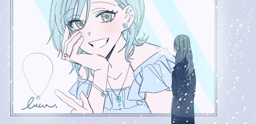 2girls bang_dream! billboard black_coat blue_hair blue_shirt coat commentary_request earrings fresa_pie green_eyes grin hair_behind_ear hands_in_pockets hikawa_hina hikawa_sayo jewelry long_sleeves multiple_girls necklace off-shoulder_shirt off_shoulder shirt short_hair siblings sisters smile snowing stud_earrings twins unworn_jewelry unworn_necklace wings