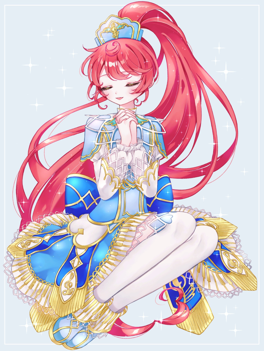 1girl ao_(ao0_0nemu) bad_id bad_pixiv_id blue_dress blue_footwear closed_eyes dress facing_viewer full_body gold_trim hands_up headdress highres interlocked_fingers long_hair long_sleeves open_mouth ponytail praying pretty_series pripara red_hair shiratama_mikan shoes sitting smile sparkle thighhighs very_long_hair white_thighhighs