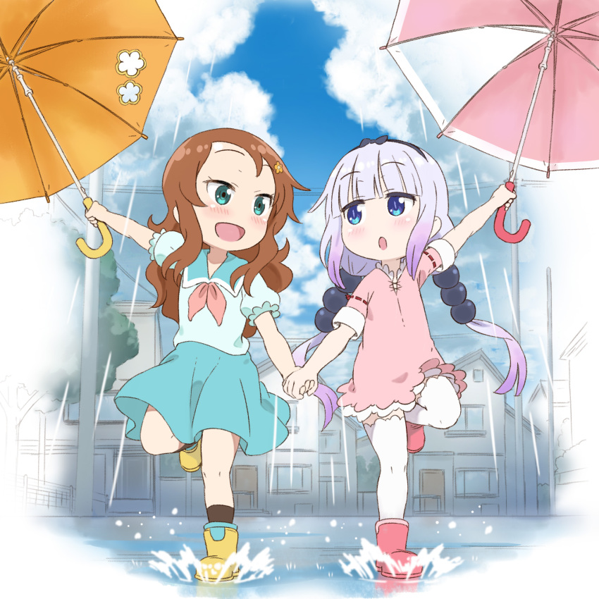 2girls beads black_bow blue_sailor_collar blue_skirt blue_sky blush boots bow brown_hair child cloud day dress flower gradient_hair hair_beads hair_bow hair_flower hair_ornament hairband happy highres holding holding_hands holding_umbrella kagero_(plusup) kanna_kamui kobayashi-san_chi_no_maidragon long_hair looking_at_another multicolored_hair multiple_girls neckerchief open_mouth outdoors pink_dress pink_footwear puddle puffy_short_sleeves puffy_sleeves purple_hair rain red_neckerchief running saikawa_riko sailor_collar school_uniform shirt short_sleeves skirt sky splashing thighhighs umbrella white_hair white_shirt white_thighhighs yellow_flower yellow_footwear