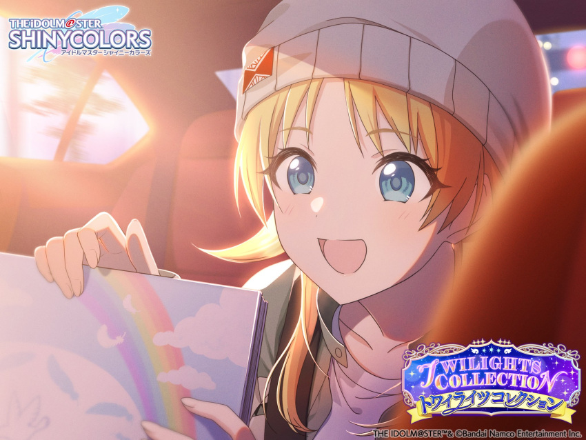 1girl :d beanie blonde_hair blue_eyes blurry blurry_background book car_interior commentary_request hachimiya_meguru hat highres idolmaster idolmaster_shiny_colors long_hair official_art open_mouth portrait smile solo twilight upper_body