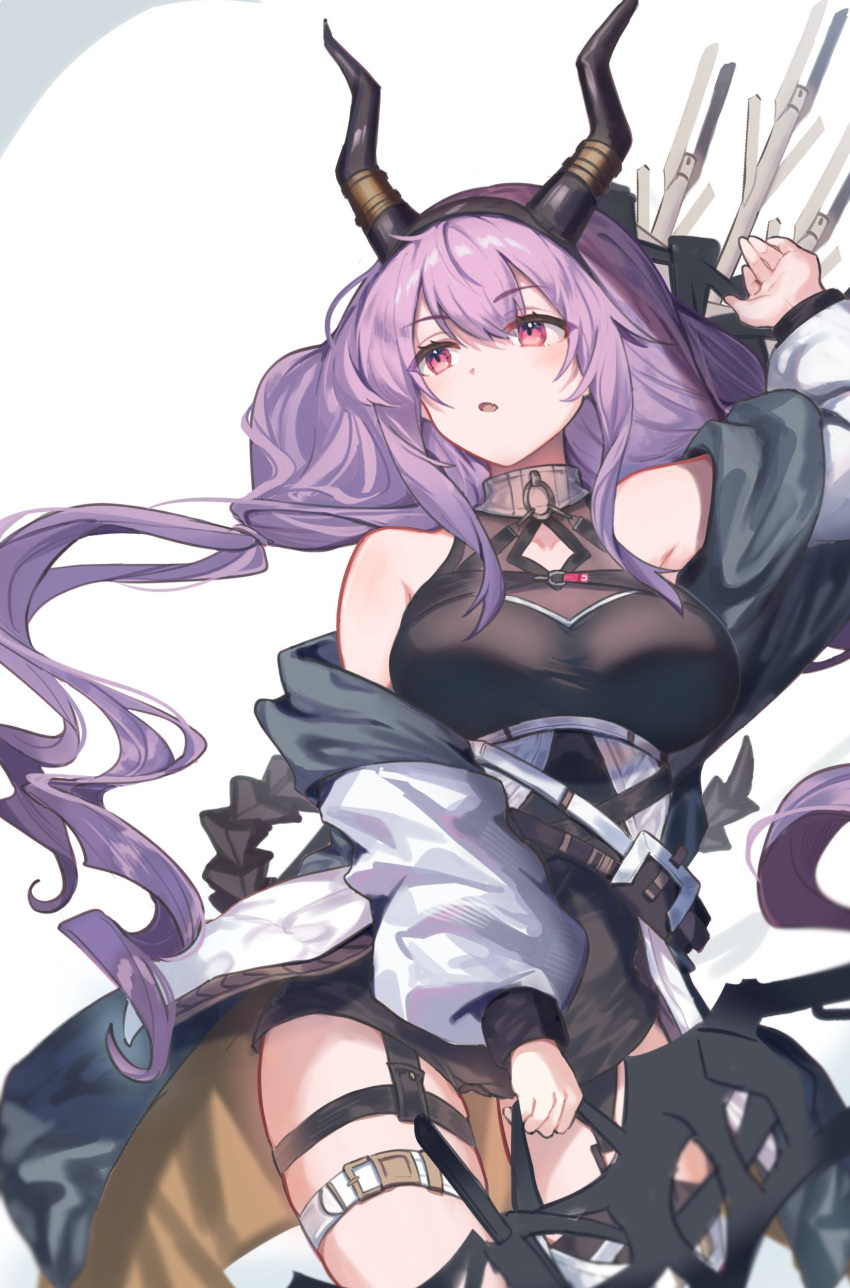 1girl absurdres arknights arrow_(projectile) black_dress bow_(weapon) breasts chinese_commentary commentary_request dress hand_up highres holding holding_bow_(weapon) holding_weapon jacket large_breasts long_hair looking_to_the_side mabing parted_lips pink_eyes purple_hair sidelocks simple_background sleeveless sleeveless_dress solo thigh_strap typhon_(arknights) weapon white_background white_jacket