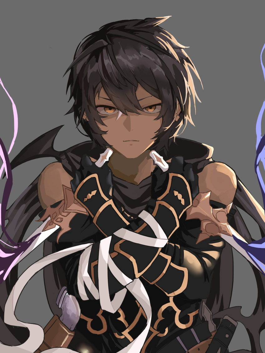 1boy absurdres axescr bandages black_gloves black_hair black_scarf crossed_arms dark-skinned_male dark_skin dual_wielding elbow_gloves gloves granblue_fantasy grey_background highres holding holding_knife jamil_(granblue_fantasy) knife looking_at_viewer male_focus scar scarf serious short_hair sidelighting sleeveless solo upper_body yellow_eyes