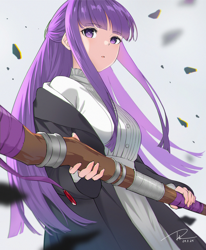 1girl absurdres black_robe blunt_bangs blunt_ends collar commentary dai_(tdaitw) dated debris dress fern_(sousou_no_frieren) frilled_collar frills grey_background hair_ornament hands_up high_collar highres holding holding_wand long_hair looking_at_viewer off_shoulder open_mouth purple_eyes purple_hair purple_ribbon ribbon robe sidelocks signature simple_background solo sousou_no_frieren upper_body wand white_dress