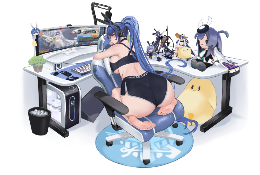 1girl absurdres ass azur_lane barefoot blue_hair breasts cellphone chair chiyu1182 computer desk gaming_chair headphones highres keyboard_(computer) large_breasts long_hair looking_back manjuu_(azur_lane) meta microphone monitor new_jersey_(azur_lane) new_jersey_(exhilarating_steps!)_(azur_lane) new_jersey_(snow-white_ceremony)_(azur_lane) official_alternate_costume phone playing_games ponytail shorts solo swivel_chair trash_can white_background