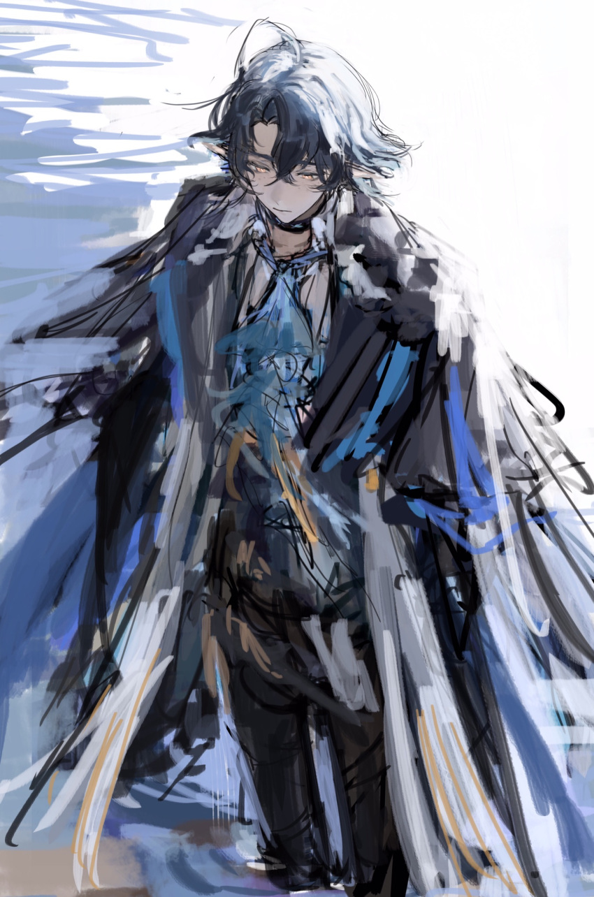 1boy arknights ascot black_cloak black_hair black_pants black_vest blue_ascot cloak closed_mouth feet_out_of_frame half-closed_eyes highres koba_(jdhikdjdkfiwufh) light_smile lumen_(arknights) male_focus pants parted_bangs shirt shore short_hair solo vest wading white_shirt yellow_eyes