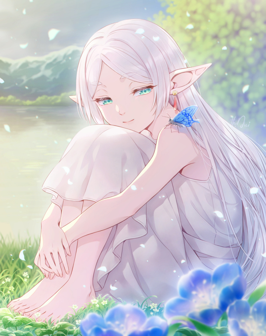 blue_butterfly blue_flower bug butterfly day dress earrings elf falling_petals flower frieren highres imonosato jewelry knees_up long_hair looking_at_viewer outdoors petals pointy_ears sitting smile solo sousou_no_frieren thick_eyebrows white_dress white_hair