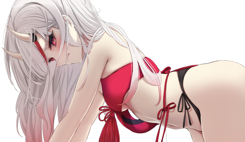 1girl all_fours armpit_crease bandeau bare_shoulders black_background black_panties breasts fang from_side gradient_hair highres hololive horns long_hair looking_at_viewer medium_breasts multicolored_hair nakiri_ayame navel oni panties parted_lips red_bandeau red_eyes red_hair side-tie_panties sidelocks simple_background skin-covered_horns skin_fang solo stomach streaked_hair terra_bose underwear upper_body virtual_youtuber white_background white_hair