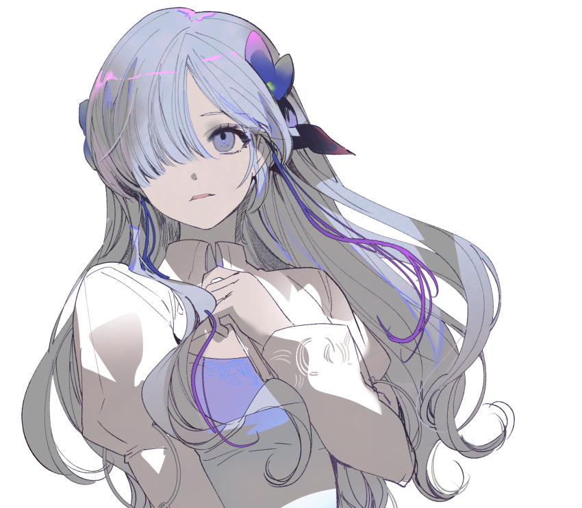 1girl commentary_request fresa_pie grey_hair hair_over_one_eye hand_on_own_chest highres isekai_joucho kamitsubaki_studio long_hair long_sleeves one_eye_covered parted_lips purple_eyes purple_ribbon ribbon shirt simple_background solo upper_body white_background white_shirt