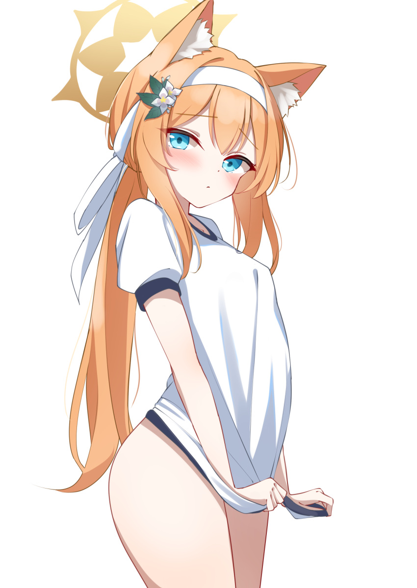 1girl absurdres animal_ear_fluff animal_ears blue_archive blue_eyes blush cowboy_shot flower fox_ears fox_girl gym_shirt gym_uniform hair_flower hair_ornament hairband halo highres kabocya_na long_hair looking_at_viewer mari_(blue_archive) mari_(track)_(blue_archive) no_pants official_alternate_costume orange_hair shirt shirt_tug simple_background solo thighs white_background white_hairband yellow_halo