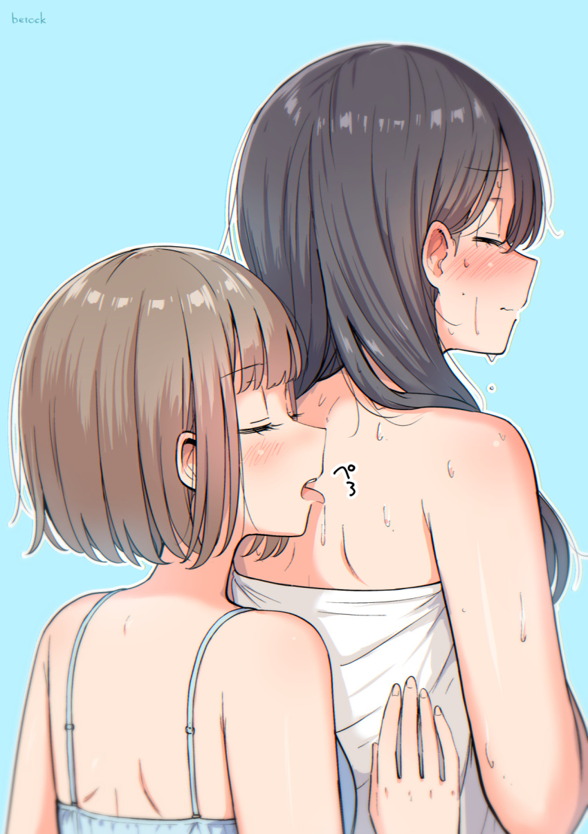 2girls bare_shoulders betock black_hair blue_background blush bob_cut brown_hair closed_eyes closed_mouth commentary_request hair_between_eyes highres licking_another's_back long_hair multiple_girls open_mouth original short_hair spaghetti_strap sweat tongue tongue_out wavy_mouth yuri