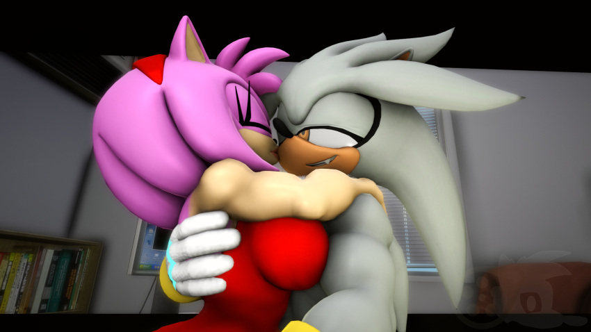 3d_(artwork) amy_rose anthro black_bars bookshelf bottomwear brown_eyes clothed clothing digital_media_(artwork) dress duo electronics eulipotyphlan fangs female furniture gloves grey_body grey_skin handwear hedgehog hi_res hug juicyducksfm kissing lipstick looking_at_another makeup male male/female mammal monitor muscular muscular_male pink_body pink_skin red_bottomwear red_clothing red_dress red_skirt sega silver_the_hedgehog skirt smile sofa sonic_the_hedgehog_(series) source_filmmaker teeth window window_curtains