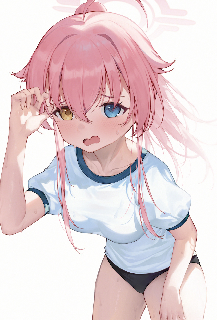 1girl absurdres ahoge black_buruma blue_archive blue_eyes blush breasts buruma collarbone cowboy_shot fingernails gym_shirt hair_between_eyes halo highres hoshino_(blue_archive) long_hair medium_breasts open_mouth pink_hair pink_halo ratto_(ratto_channel) shirt short_sleeves simple_background solo sweat white_background white_shirt yellow_eyes