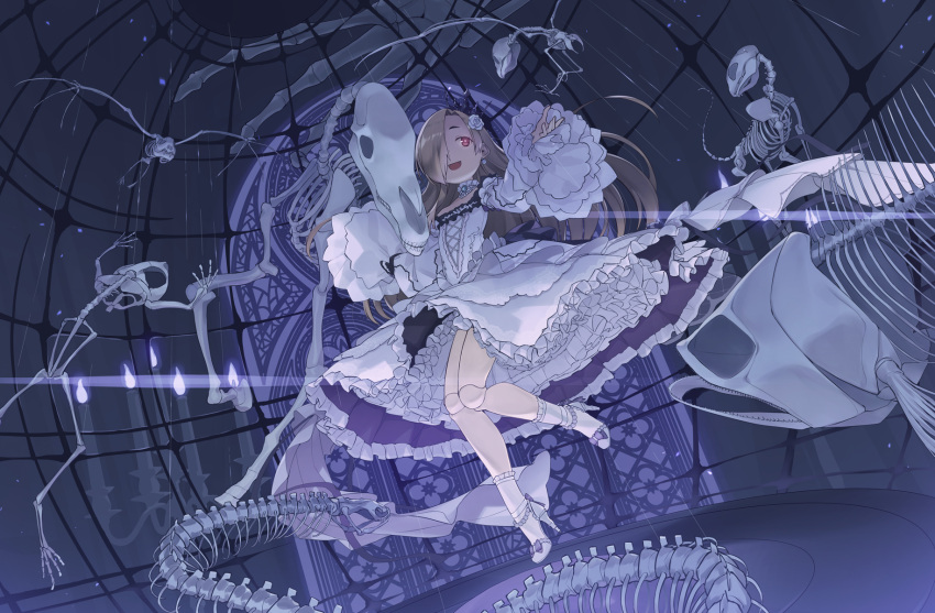 1girl animal_skeleton blonde_hair doll_joints dome dress flat_chest floating flower frilled_dress frilled_sleeves frills full_body hair_flower hair_ornament hair_over_one_eye heibonkaeru high_heels highres idolmaster idolmaster_cinderella_girls joints long_hair open_mouth red_eyes rose shirasaka_koume sky smile solo star_(sky) starry_sky very_long_hair white_dress white_flower white_rose