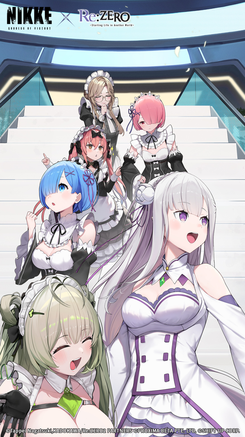 6+girls ade_(nikke) apron breasts cleavage cocoa_(nikke) commentary_request crossover emilia_(re:zero) flower glasses goddess_of_victory:_nikke hair_flower hair_ornament hair_ribbon highres large_breasts long_hair long_sleeves looking_at_viewer maid maid_headdress multiple_girls official_art pointy_ears purple_eyes ram_(re:zero) re:zero_kara_hajimeru_isekai_seikatsu rem_(re:zero) ribbon soda_(nikke) x_hair_ornament