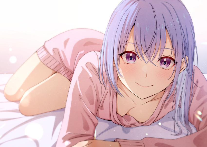 1girl bare_legs blue_hair blush breasts cleavage closed_mouth collarbone crossed_bangs downblouse dress hair_between_eyes highres idolmaster idolmaster_shiny_colors long_hair long_sleeves looking_at_viewer lying medium_breasts miyar2d2 no_bra on_stomach purple_eyes smile solo straight_hair suzuki_hana sweater sweater_dress