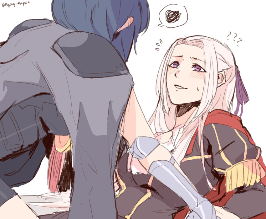 2girls ? ?? black_jacket blue_hair blush byleth_(female)_(fire_emblem) byleth_(fire_emblem) cape commentary ear_blush edelgard_von_hresvelg english_commentary fire_emblem fire_emblem:_three_houses flying-frappuccino flying_sweatdrops gauntlets hair_ribbon highres jacket jacket_on_shoulders long_sleeves looking_at_another multiple_girls parted_lips purple_ribbon red_cape ribbon simple_background spoken_squiggle squiggle sweatdrop twitter_username upper_body white_background white_hair yuri