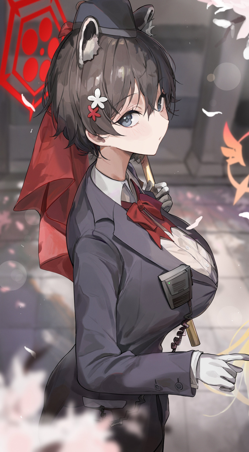 1girl absurdres animal_ear_fluff animal_ears black_eyes black_hair black_hat black_skirt blanc_(whit_blanc) blue_archive blush bow bowtie breasts closed_mouth collared_shirt cowboy_shot gloves hair_between_eyes halo hat highres large_breasts long_sleeves red_bow red_bowtie red_halo shirt short_hair skirt solo tsubaki_(blue_archive) tsubaki_(guide)_(blue_archive) white_gloves white_shirt