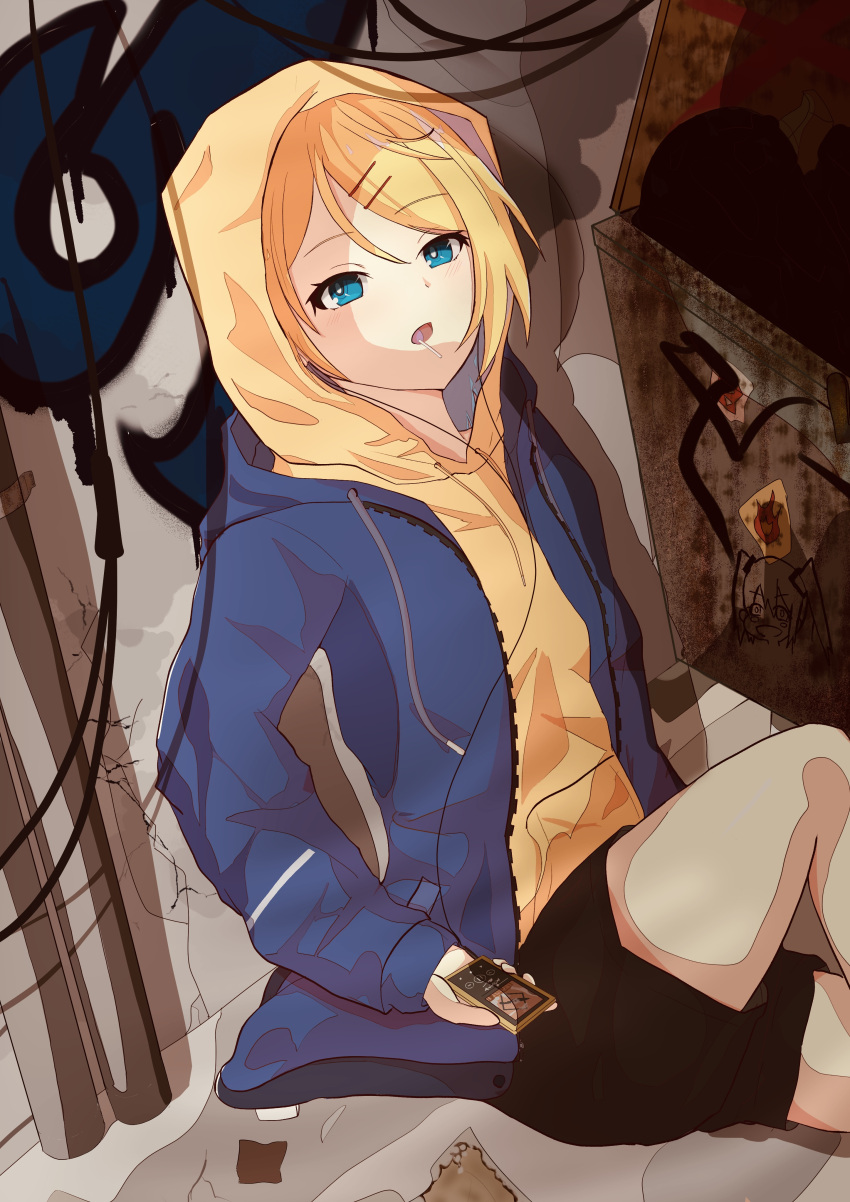 1girl absurdres alley candy crack cracked_wall digital_media_player drawstring dumpster earbuds earphones food graffiti hair_ornament hairclip half-closed_eyes highres hood hood_up hoodie jacket_over_hoodie kagamine_rin light_blush listening_to_music lollipop looking_up ngng_(user_gyey3722) open_mouth short_hair sitting solo sticker swept_bangs urban yellow_hoodie