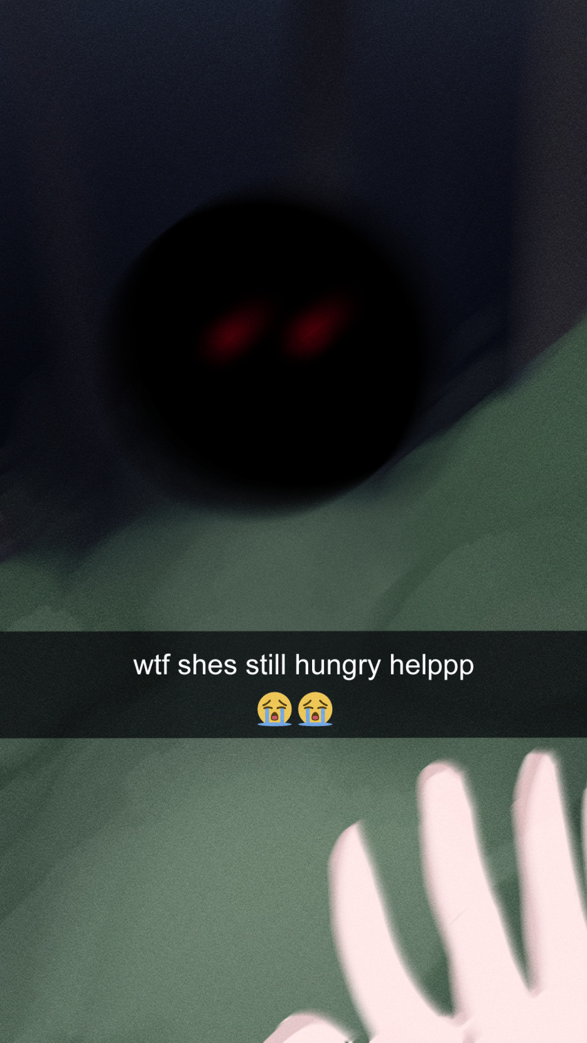 blurry commentary crying_emoji dark emoji english_commentary english_text glowing glowing_eyes highres mata_(matasoup) motion_blur red_eyes rumia rumia_(darkness) snapchat touhou tree usami_sumireko you_gonna_get_eaten