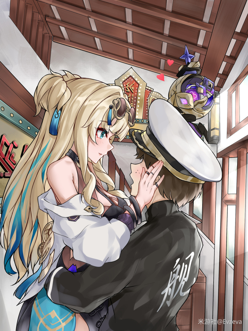 1boy 1girl absurdres aqua_dress aqua_eyes artist_name black_jacket blonde_hair blue_eyes breasts brown_hair captain_(honkai_impact) carrying carrying_person china_dress chinese_clothes closed_mouth coat dress evzeva freckles heart hetero highres honkai_(series) honkai_impact_3rd hug indoors jacket jewelry large_breasts long_hair long_sleeves looking_at_viewer multiple_rings open_mouth ring short_hair smile songque_(honkai_impact) very_long_hair white_coat