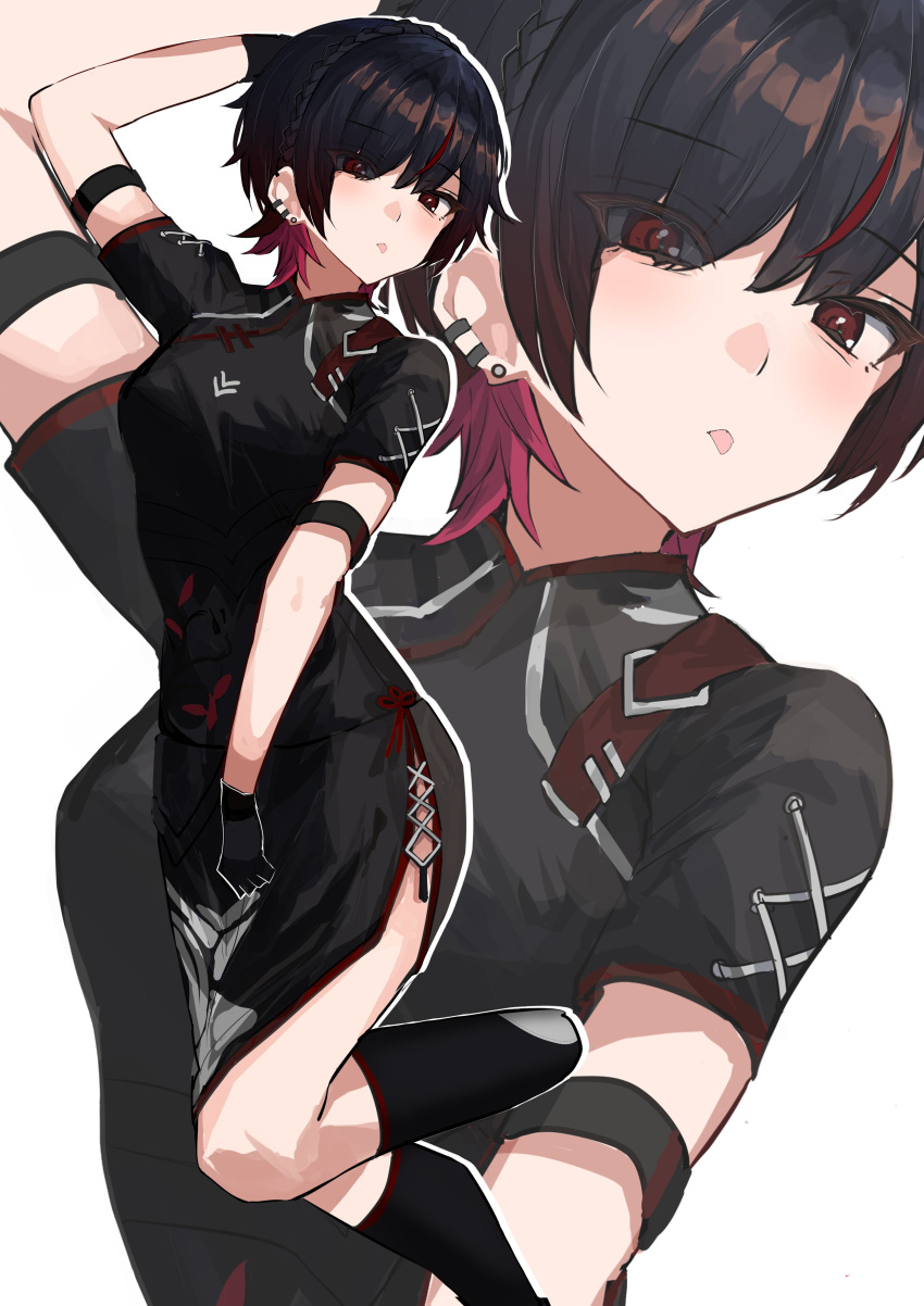 1girl absurdres arm_behind_head black_gloves black_hair black_thighhighs chinese_clothes eyebrows_hidden_by_hair gloves gradient_hair hair_over_one_eye highres iris_black_games kisaragi_ren_(vtuber) maya_fa multicolored_hair red_eyes red_hair short_hair side_slit simple_background solo thighhighs tongue tongue_out virtual_youtuber vspo! white_background zoom_layer