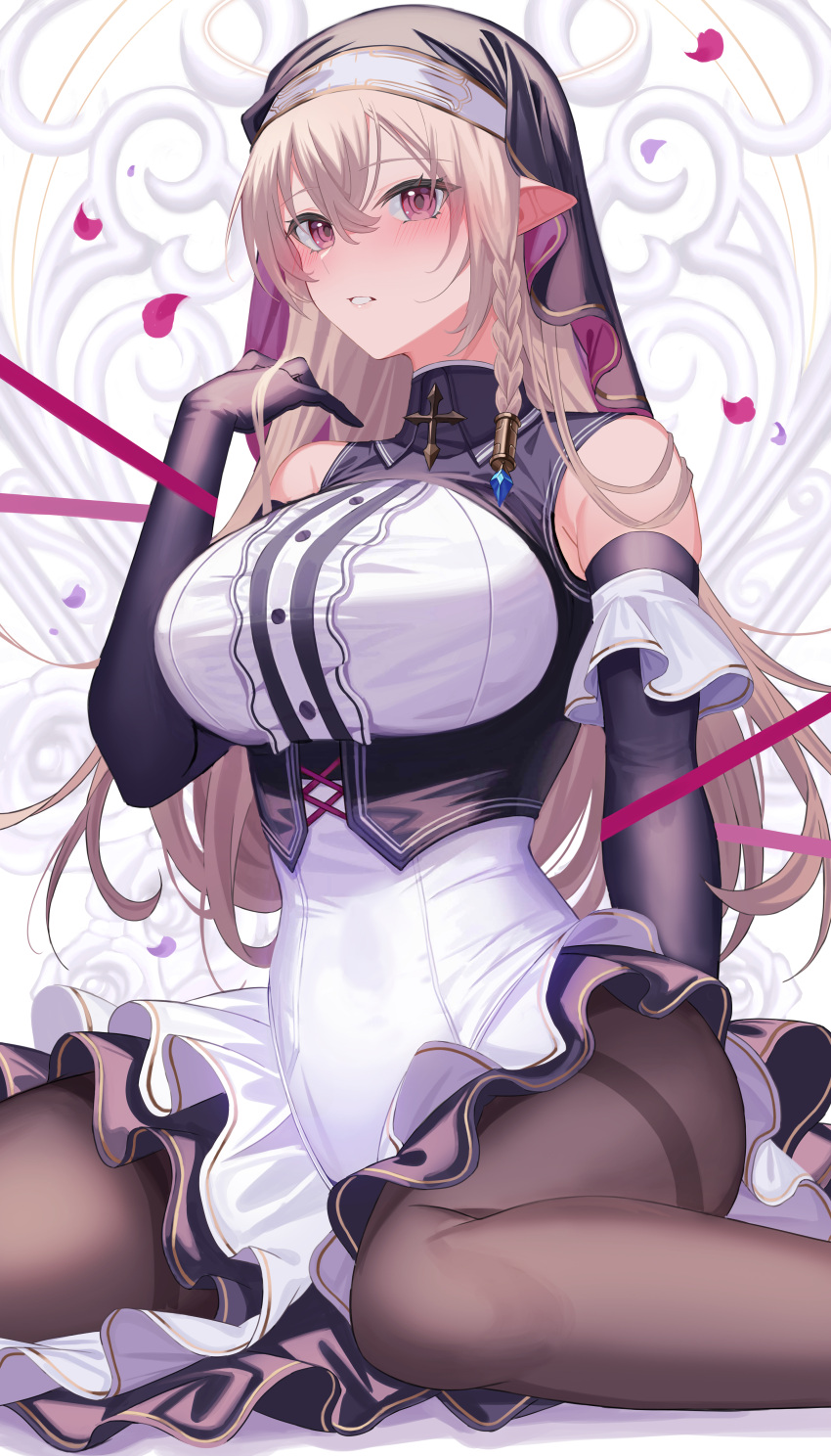 1girl absurdres amahara_subaru bare_shoulders black_gloves black_pantyhose blush braid breasts elbow_gloves falling_petals gloves hand_up highres large_breasts light_brown_hair long_hair looking_at_viewer nun original pantyhose parted_lips petals pointy_ears purple_eyes solo thighband_pantyhose thighs